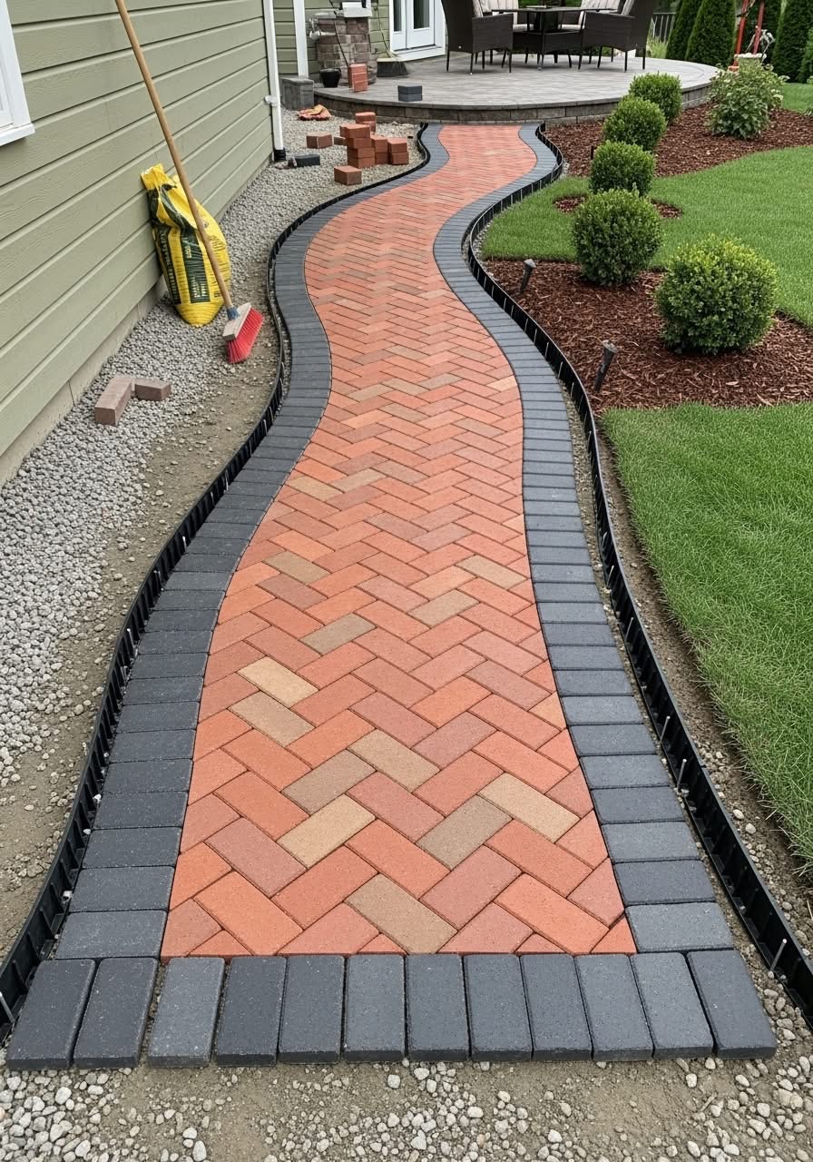 Fire pit patio with curved seating wall